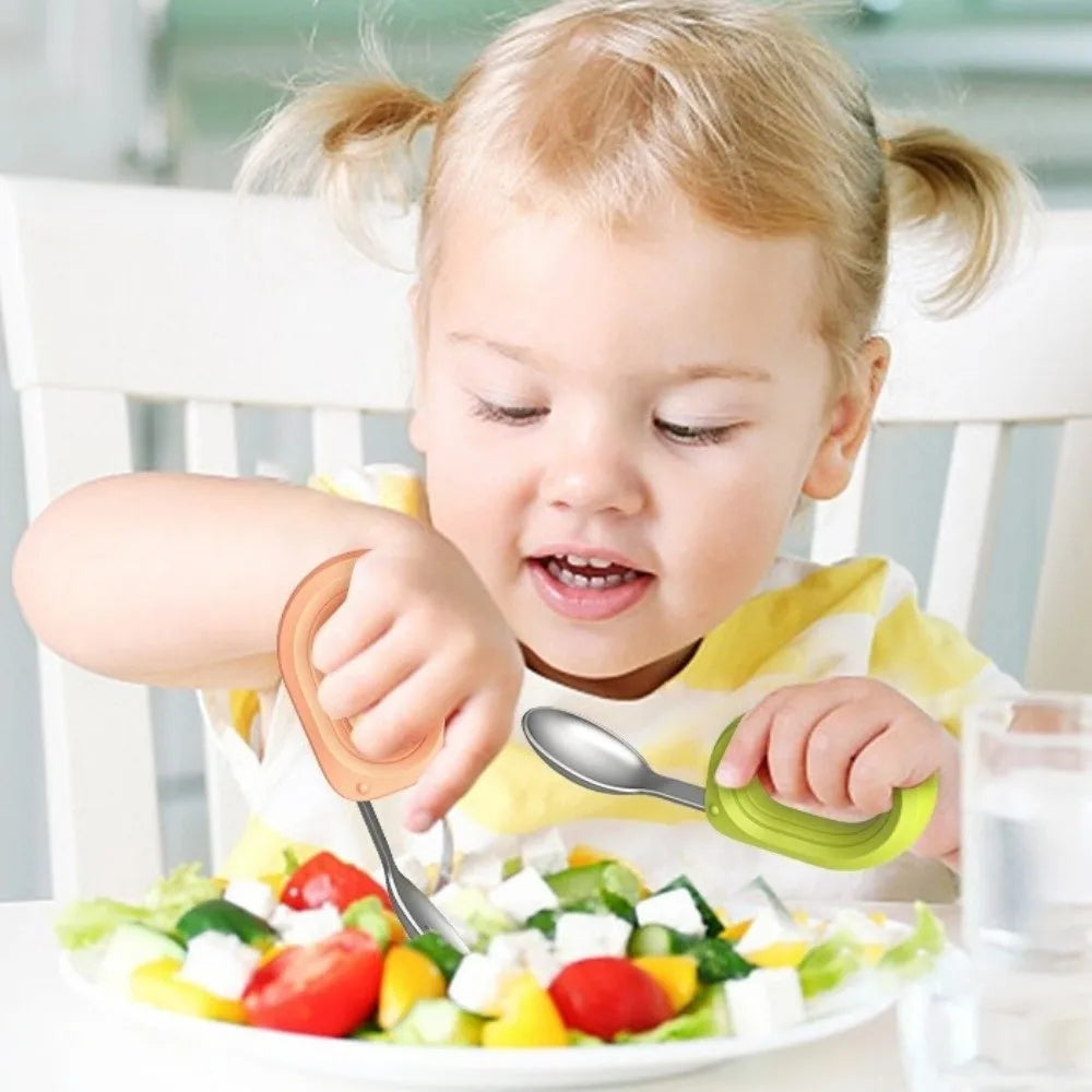 Silicone Handle Baby Silicone Spoon Set Anti-slip Anti-Choke Design Auxiliary Food Forks Self Feeding BPA Free