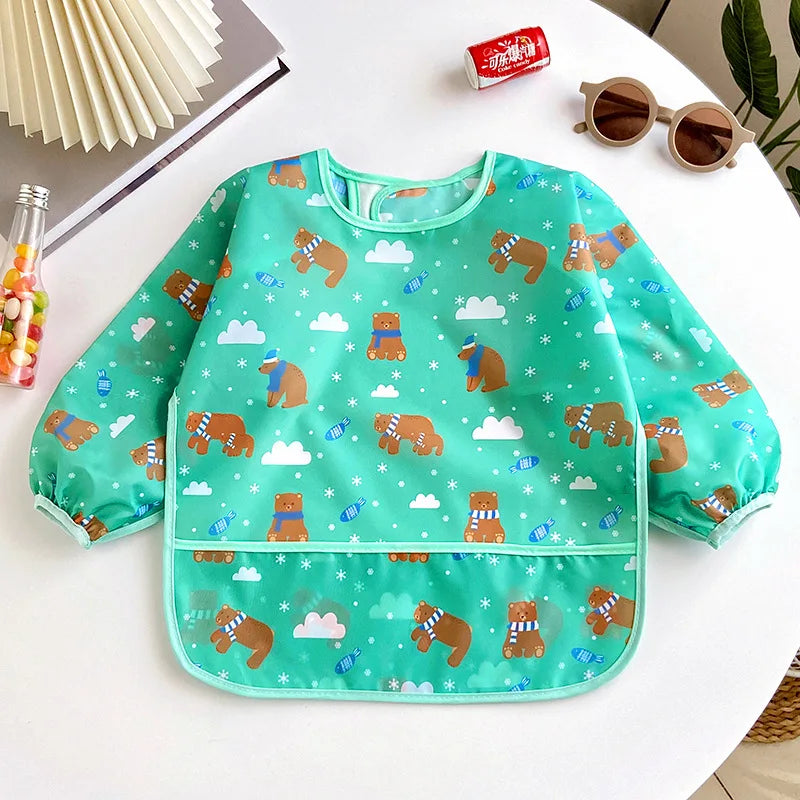 Baby Bibs Cute Colorful Cartoon Waterproof Bib Infant Eating Children Drawing Long Sleeve Apron Self Feeding Baby 0-3 Years