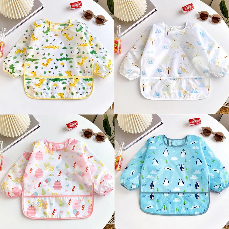 Baby Bibs Cute Colorful Cartoon Waterproof Bib Infant Eating Children Drawing Long Sleeve Apron Self Feeding Baby 0-3 Years