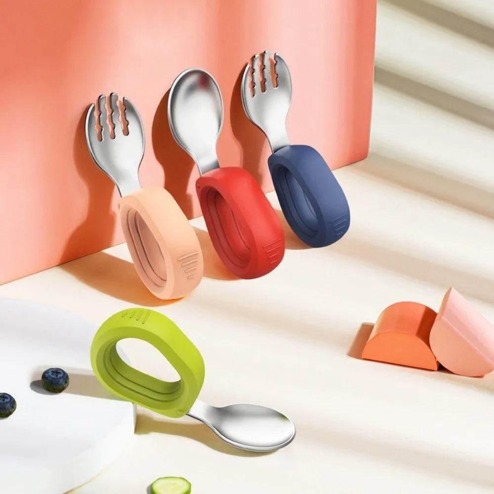 Silicone Handle Baby Silicone Spoon Set Anti-slip Anti-Choke Design Auxiliary Food Forks Self Feeding BPA Free